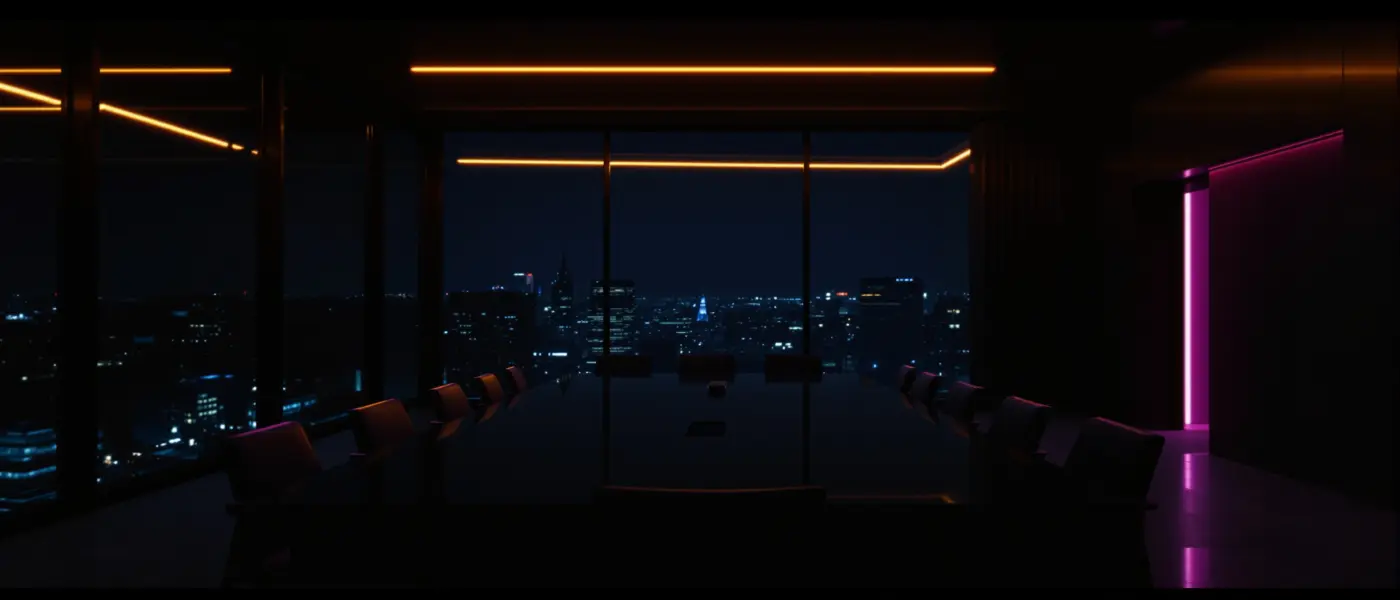 Leerer Besprechungsraum bei Nacht mit Blick über die Stadt